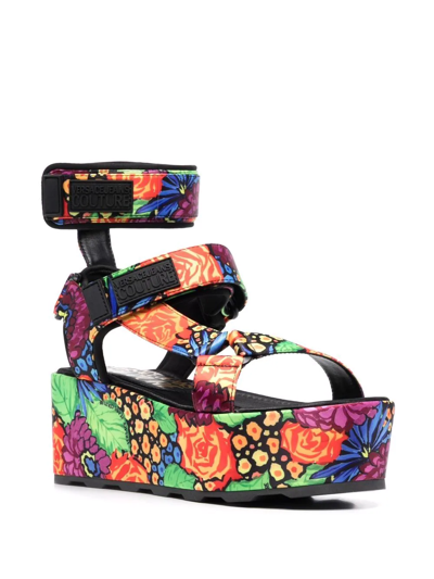 Versace Jeans Couture Floral-print Flatform Sandals In Schwarz | ModeSens