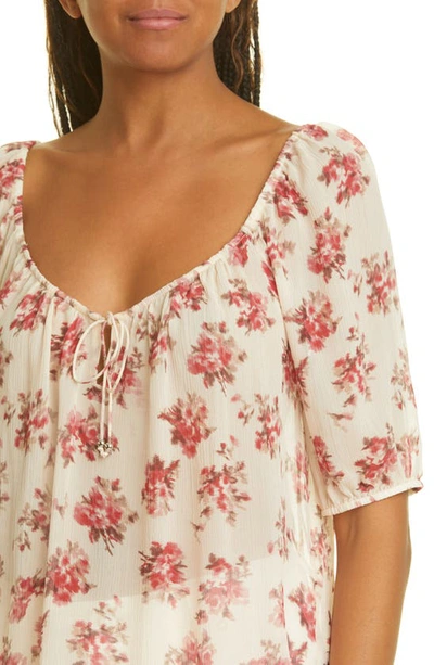 Shop Paige Franciska Floral Jacquard Silk Top In Nude Cream/ Cherry Red