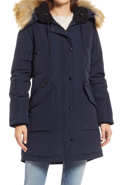 Shop Sam Edelman Hooded Down & Feather Fill Parka With Faux Fur Trim In Navy