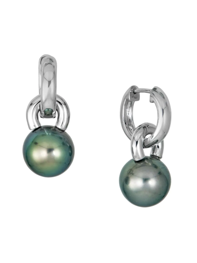 Shop Belpearl Women's 14k White Gold & 10mm Cultured Tahitian Black Pearl Huggie Hoop Back Earrings