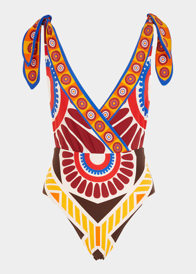 Shop La Doublej Hazzard Tie-shoulder One-piece Swimsuit In Solar Placee