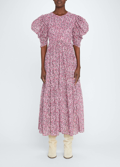 Shop Isabel Marant Étoile Sichelle Floral Puff-sleeve Tiered Maxi Dress In Pink