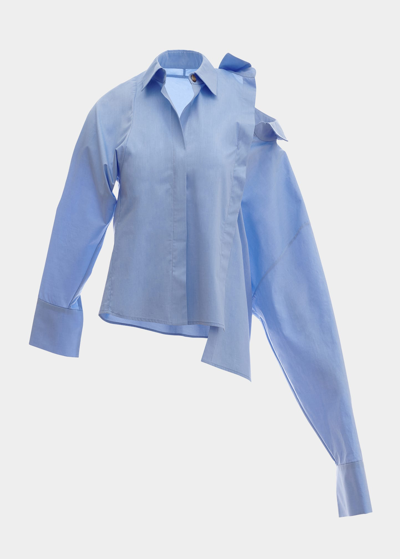 Shop A.w.a.k.e. Asymmetric Double-collar Cold-shoulder Shirt In Blue