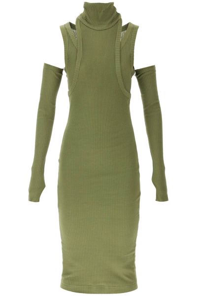 Shop Balmain Knit Dress With Gloves In Kaki (green)