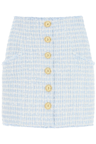 Shop Balmain Tweed High Waisted Miniskirt In Bleu Pale Blanc (light Blue)
