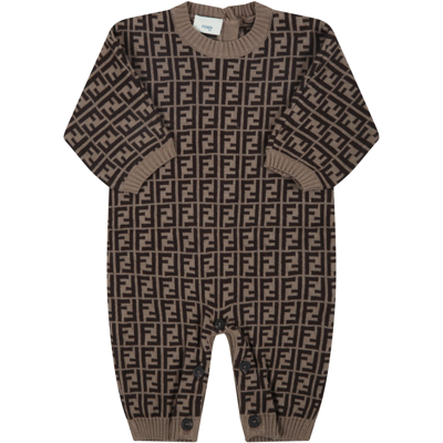 Shop Fendi Beige Jumpsuit For Babykids With Double Ff In Brown