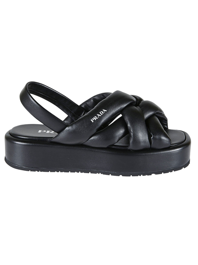 Shop Prada Logo Platform Heel Sliders In Black