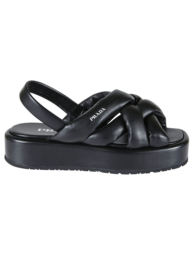 Prada Woven Leather Slingback Flatform Sandals In Black