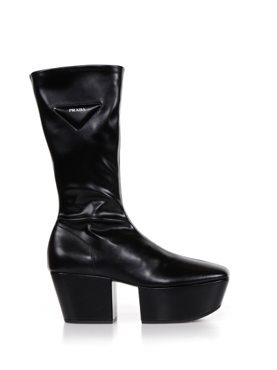 Prada Tech Leather Platform Boot In Black | ModeSens