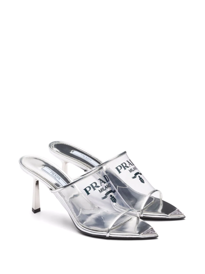 Shop Prada 75mm Logo-print Mules In Silver