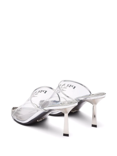 Shop Prada 75mm Logo-print Mules In Silver