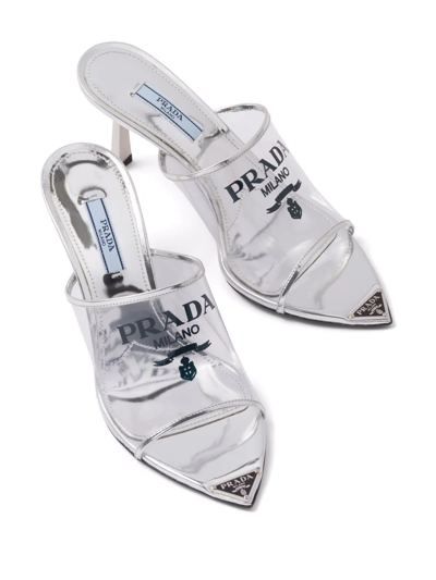 Shop Prada 75mm Logo-print Mules In Silver