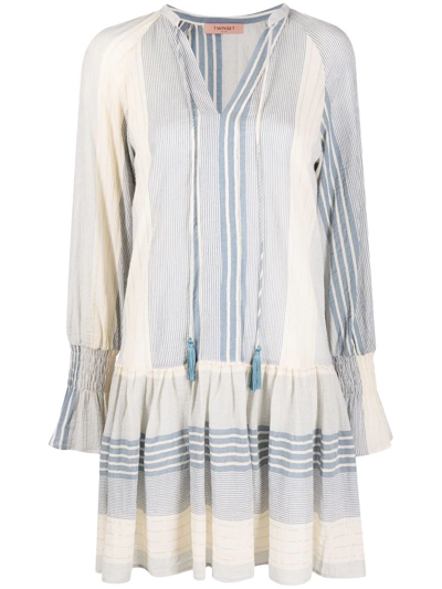 Shop Twinset Short Striped Gauze Dress In Blue