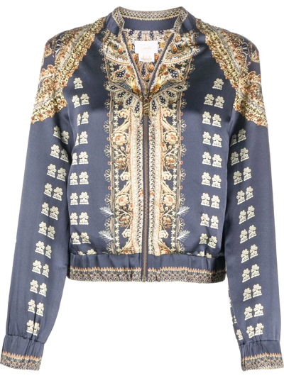 Camilla Graphic-print Silk Bomber Jacket In Blue