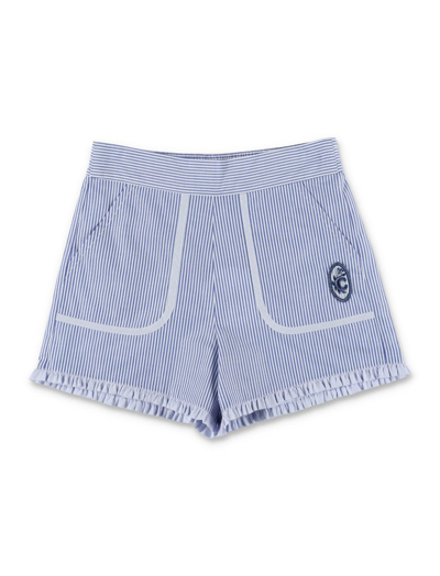 Shop Chloé Kids Striped Logo Embroidered Shorts In Blue
