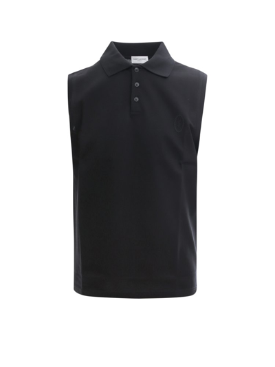 Shop Saint Laurent Logo Embroidered Sleeveless Polo Shirt In Black