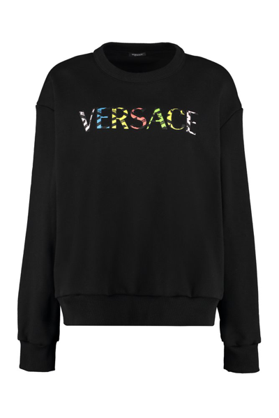 Shop Versace Logo Embroidered Crewneck Sweatshirt In Black
