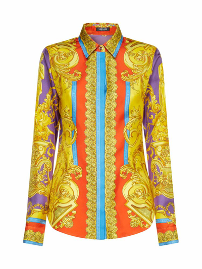 Shop Versace Baroque Printed Long Sleeved Buttoned Shirt In Multi