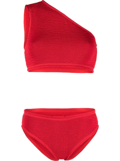 Shop Bottega Veneta Smocked One-shoulder Bikini In Rot