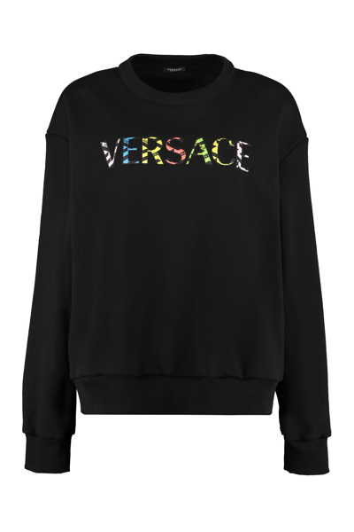 Shop Versace Logo Detail Cotton Sweatshirt In Black