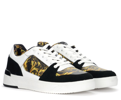 Shop Versace Jeans Couture Mens Sneaker In Black Leather With Baroque Print In Nero