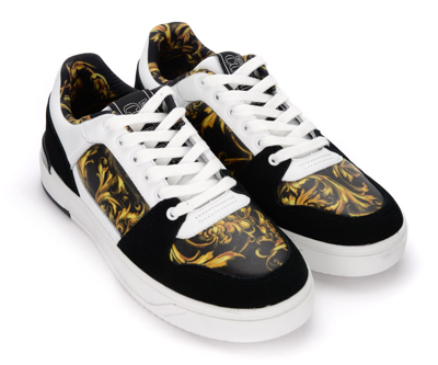 Shop Versace Jeans Couture Mens Sneaker In Black Leather With Baroque Print In Nero