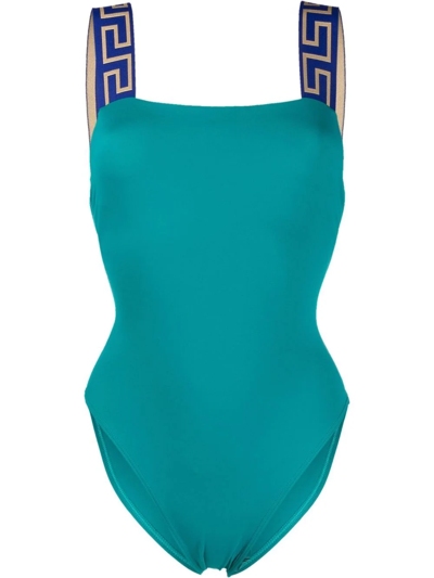 Shop Versace Greca-pattern Scoop-back Swimsuit In Blue