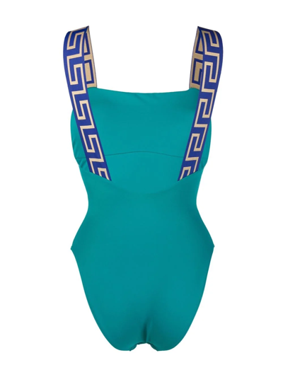 Shop Versace Greca-pattern Scoop-back Swimsuit In Blue