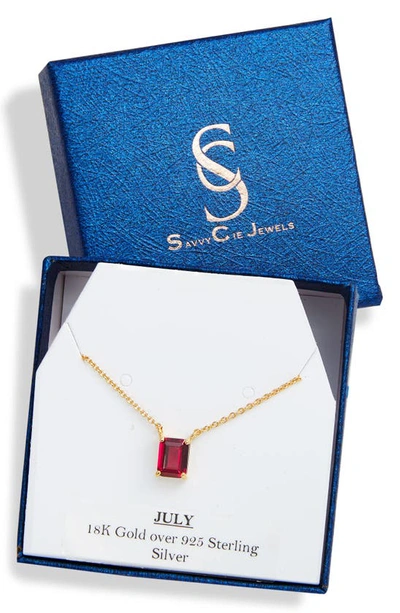 Savvy Cie Jewels Vermeil Emerald Cut Cz Birth Stone Box Cut Necklace In Ruby - July