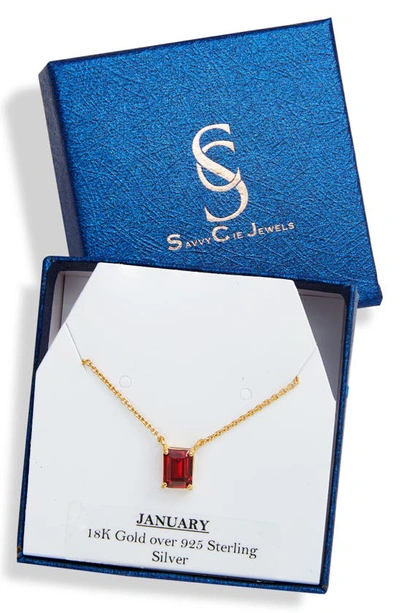 Savvy Cie Jewels Vermeil Emerald Cut Cz Birth Stone Box Cut Necklace In Garnet - January