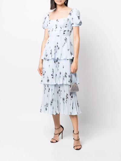 Shop Self-portrait Floral-print Mid-length Dress In Blau