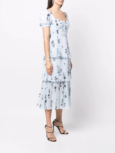 Shop Self-portrait Floral-print Mid-length Dress In Blau