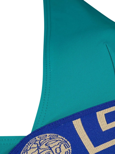 Shop Versace Greca Triangle Bikini Top In Blue