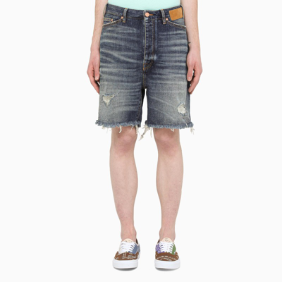 Shop Palm Angels Palm-embroidery Frayed Denim Shorts In Blue