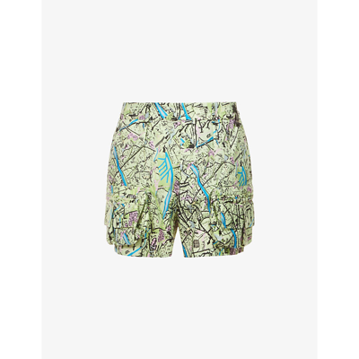 Shop Fendi Map-print Regular-fit Silk Shorts In Eden