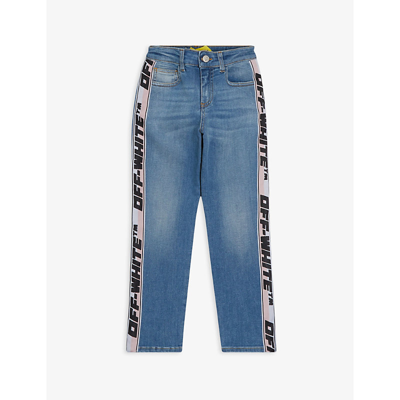 Shop Off-white Logo-tape Straight-leg Stretch-denim Jeans 8-10 Years In Blue