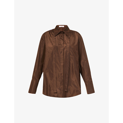 Shop Valentino Long-sleeved Button-up Silk-satin Shirt In Deep Chocolate