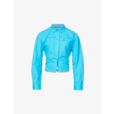 Shop Jacquemus La Chemise Open-back Cotton-poplin Shirt In Turquoise