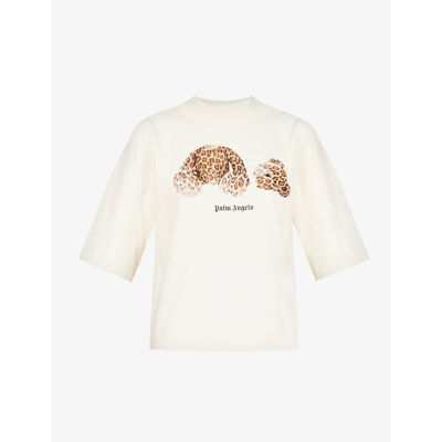 Shop Palm Angels Bear-print Cropped Cotton-jersey T-shirt In Off White Brown