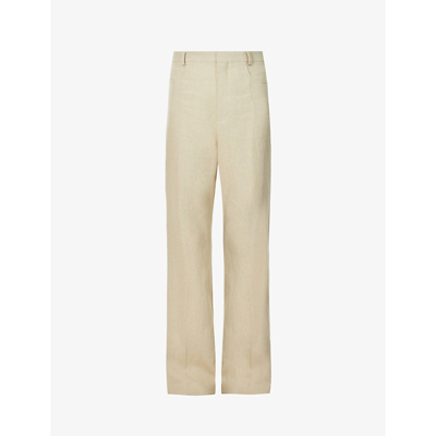 Shop Jacquemus La Pant Textured Wide-leg High-rise Linen Trousers In Beige