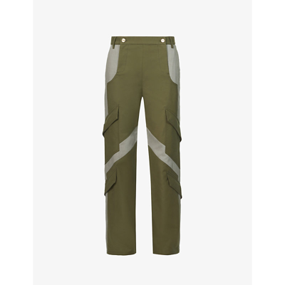 Shop Dion Lee Tilted-seam Contrast-panel Straight-leg High-rise Stretch-cotton-blend Cargo Trousers In Olive