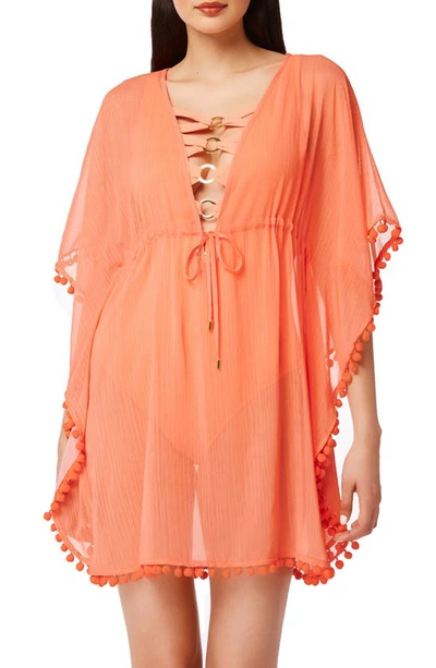Shop Bleu By Rod Beattie Gypset Pompom Sheer Cover-up Caftan In Coral Chic