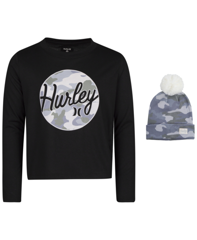 Shop Hurley Big Girls T-shirt With Beanie In Black