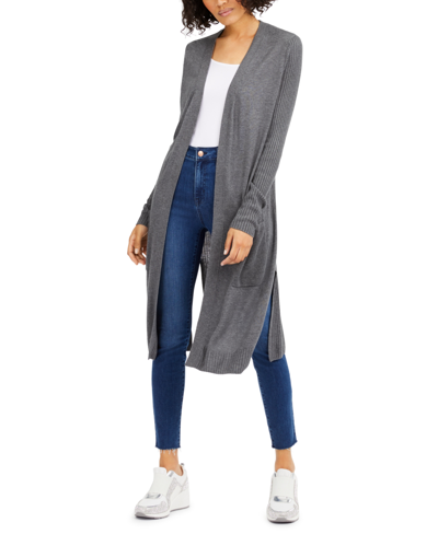 Shop Inc International Concepts Petite Ribbed Slit-hem Duster Cardigan Sweater, Created For Macy's In Medium Heather Gray