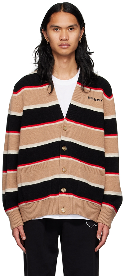 Shop Burberry Beige & Black Wool Cardigan In Camel