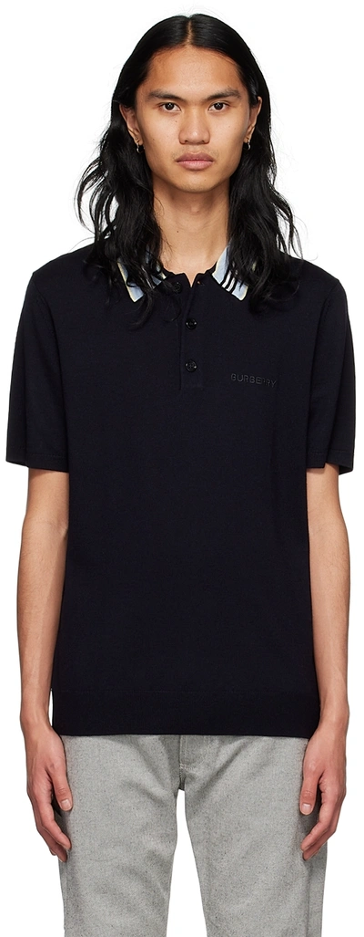 Shop Burberry Black Icon Stripe Polo In Coal Blue