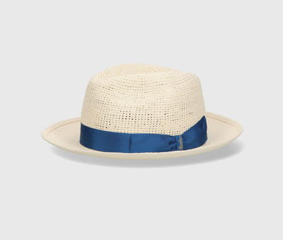 Shop Borsalino Federico Panama Semicrochet In Natural, Royal Blue Hatband