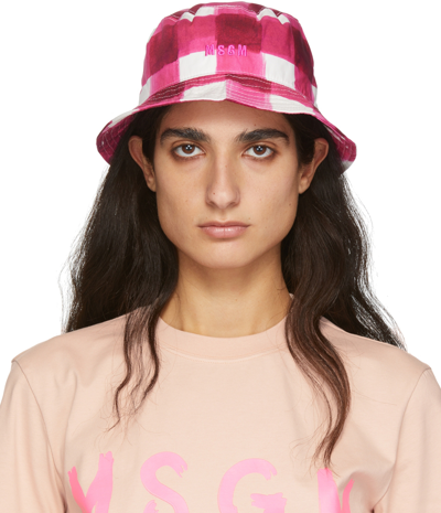 Shop Msgm Pink Plaid Bucket Hat In 14 Raspberry