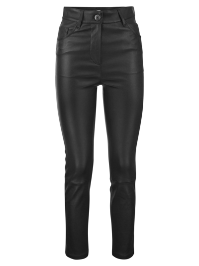 Shop Brunello Cucinelli Stretch Nappa Leather Slim Trousers With Shiny Tab In Black