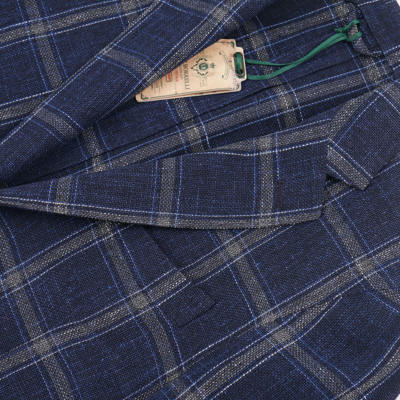 BORRELLI Pre-owned Luigi  Soft-constructed Navy Blue Check Wool-cotton-linen Sport Coat 38r